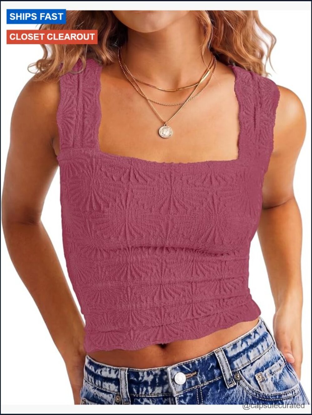 Crop Tank Top Square Neck Wide Strap Lettuce Trim Slim Fit